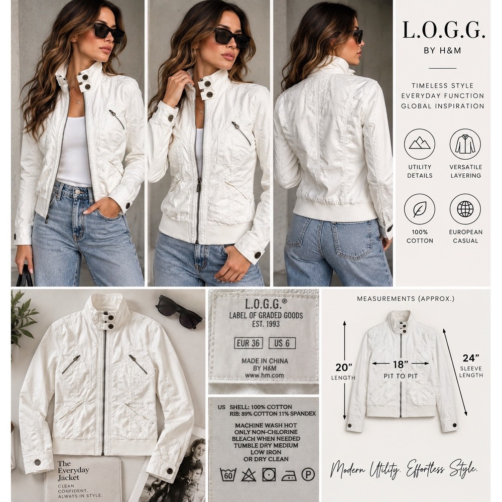 L.O.G.G. H&M White Utility Moto Jacket US 6 Y2K Funnel Neck Cargo Gorpcore
